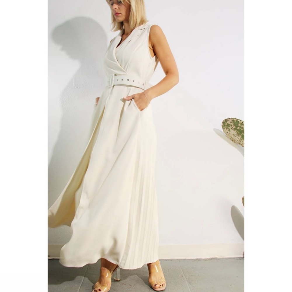 NWT Boutique Lyla Pleated Belted Maxi Evening Dress – Cream White - Picture 12 of 15